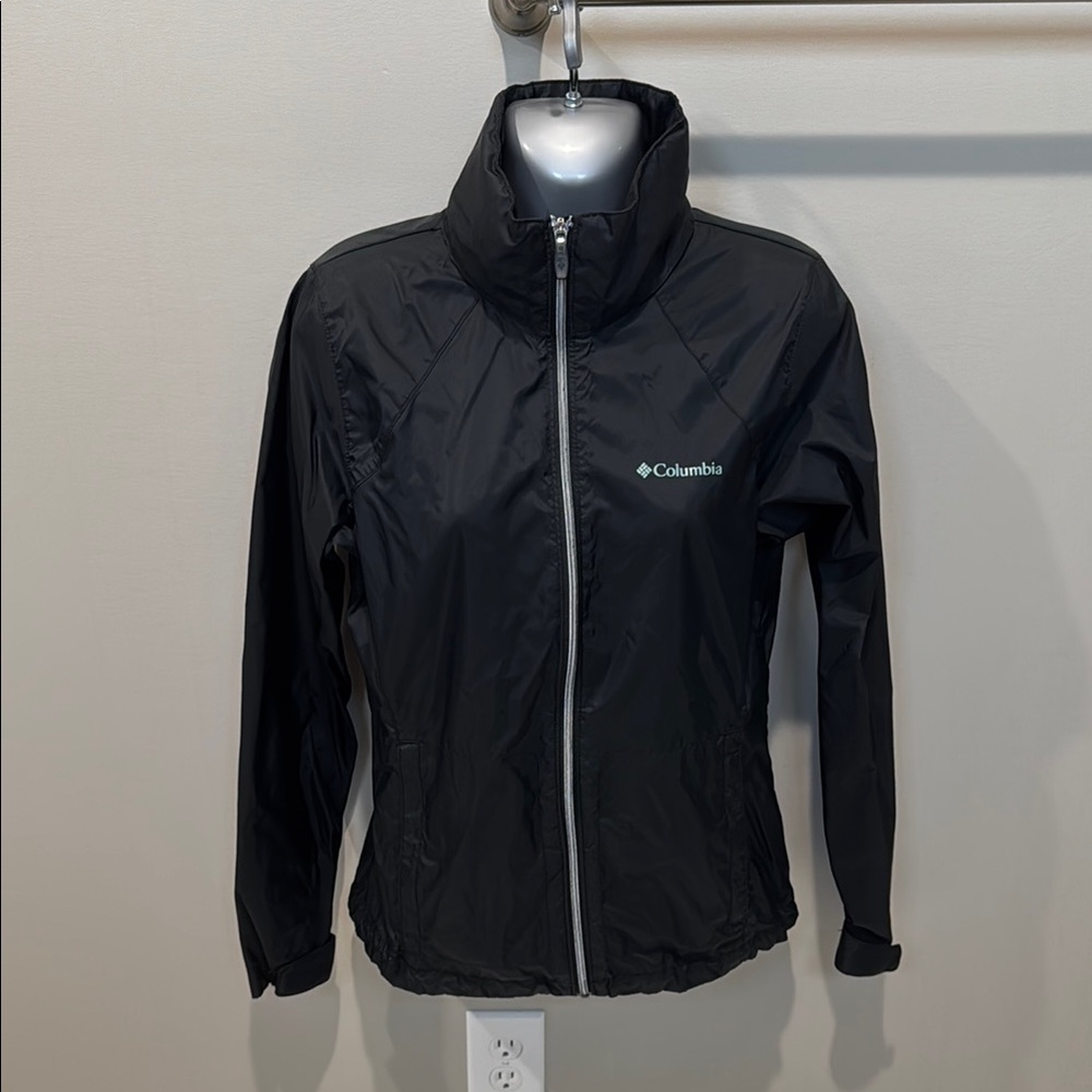 Columbia Black Windbreaker Jacket Full-Zip High Collar Hidden Hood